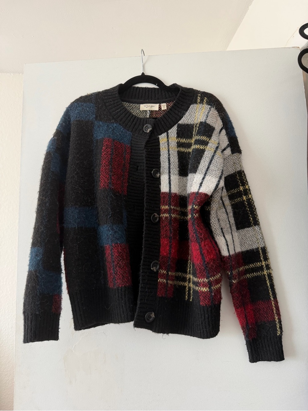 Anthropologie | RD Style Plaid Button-Front Cardigan Sweater - Black Multi - Picture 4 of 6